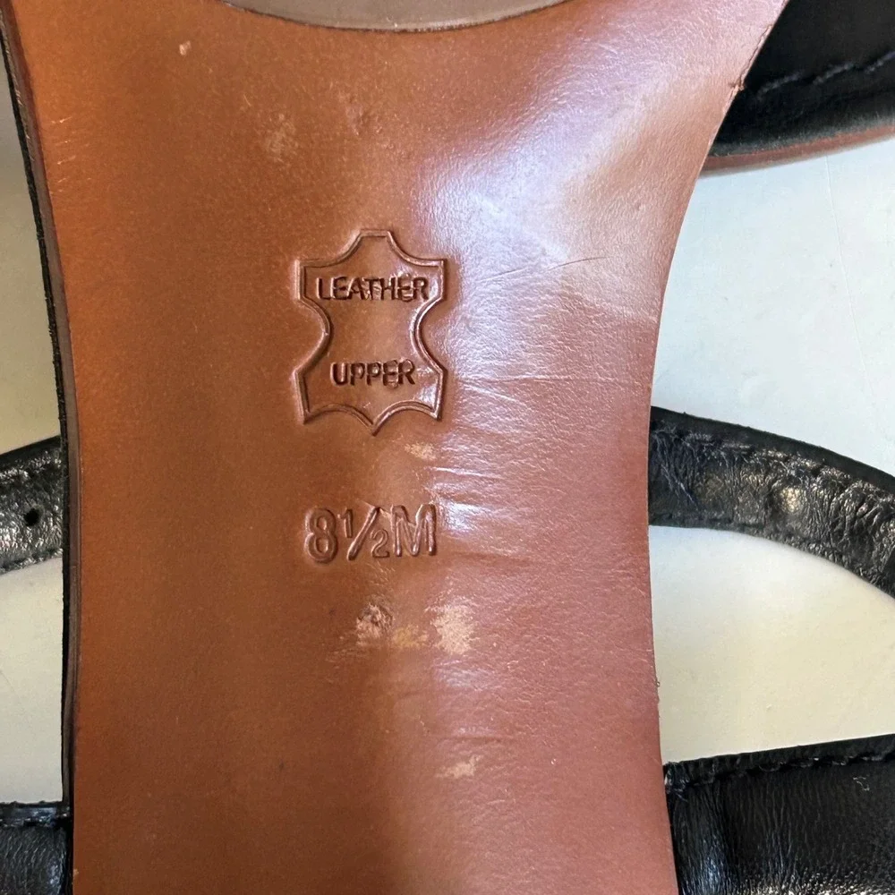 Tory Burch Sandals Size 8.5 Audra Black Leather T-Strap Thong Gold Logo Heel